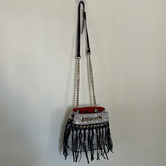 🎈FINAL PRICE🎈JUST CAVALLI Black & White Spotted Leather Bag with Black Fringe - Picture 2 of 14